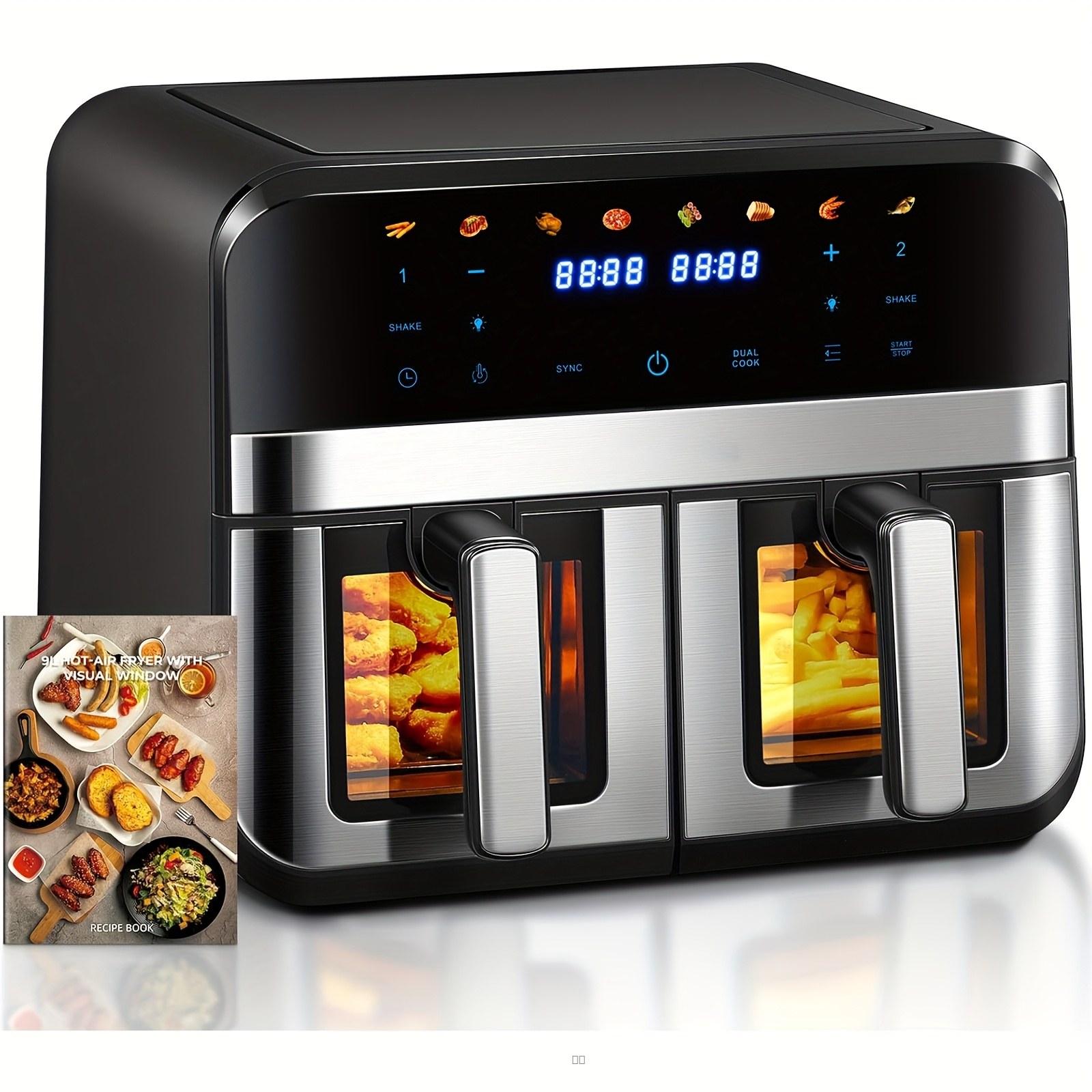 Friteuse à Air Chaud Double Zone 9L avec Fenêtre Transparente, Écran Tactile LED et 8 Programmes